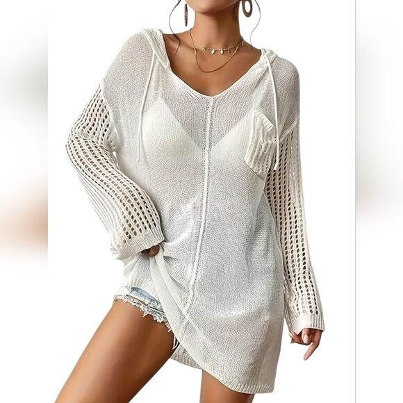 Elegant White Hooded Swim Cover-Up - Picture 3 of 4